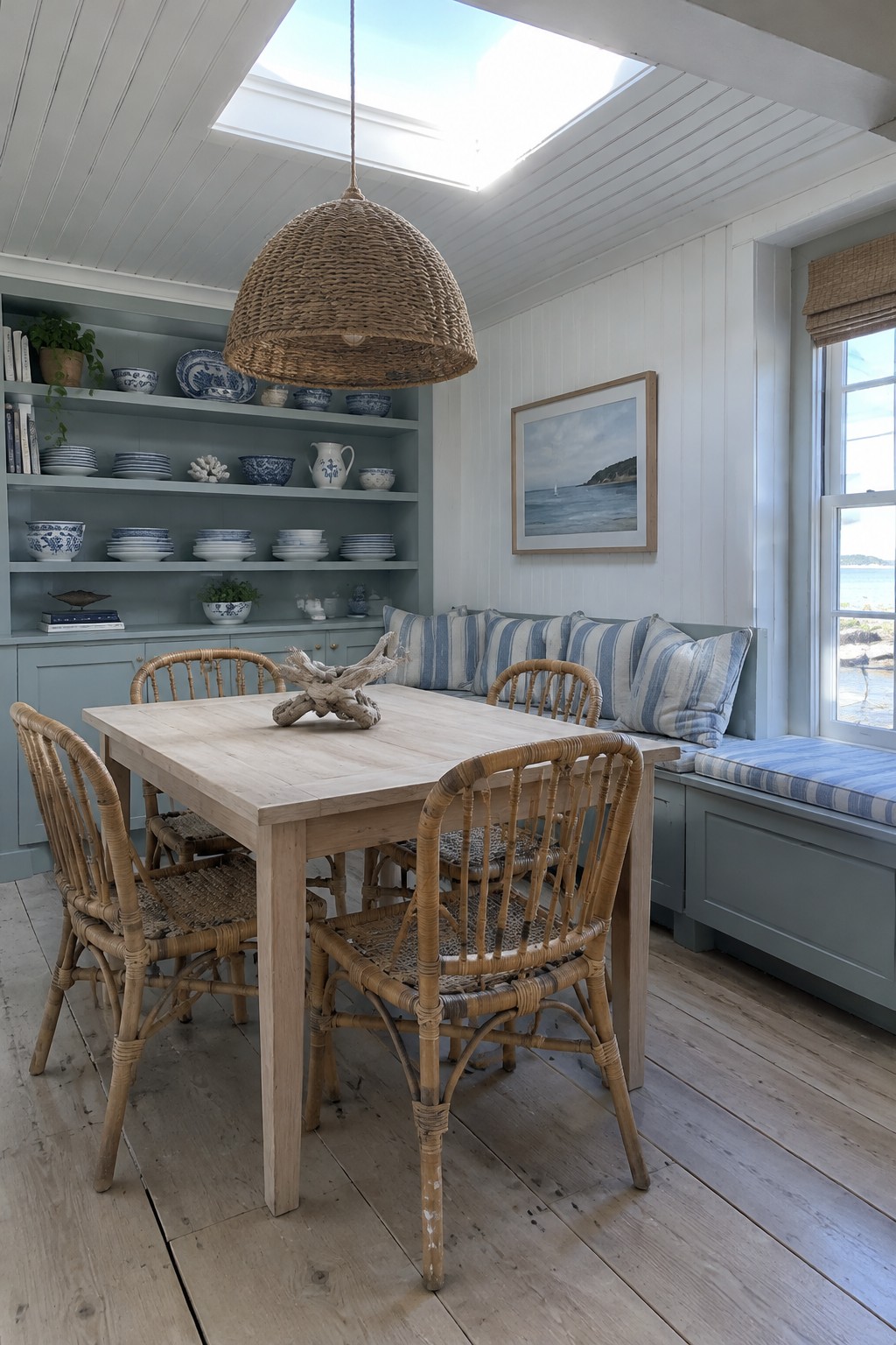 A wooden dining table and rattan chairs sit beside a built-in window bench with blue striped cushions.