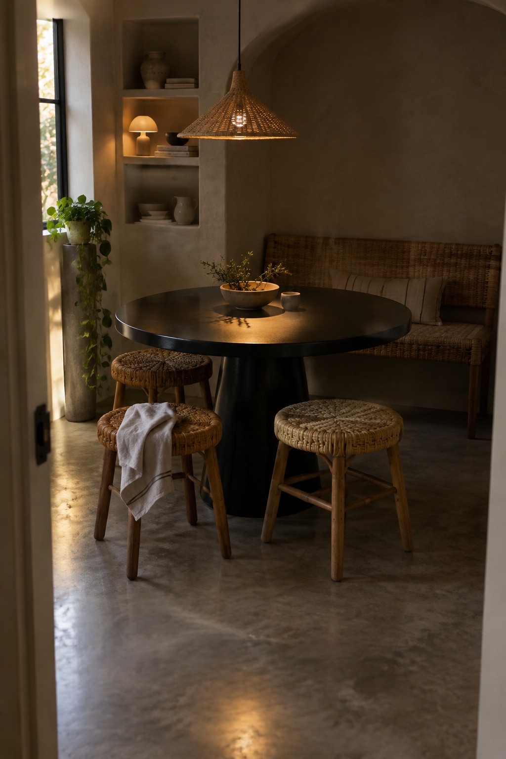 A round dark dining table with woven stools and a built-in bench in a small dining nook.