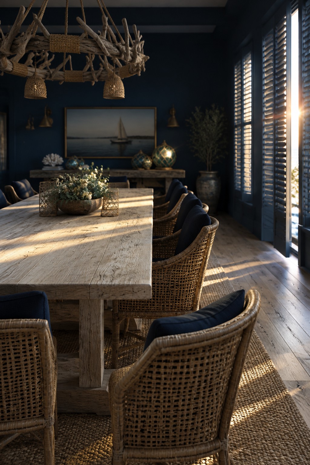 A long pale wood dining table is surrounded by woven chairs with dark cushions in a room with blue walls and shuttered windows.
