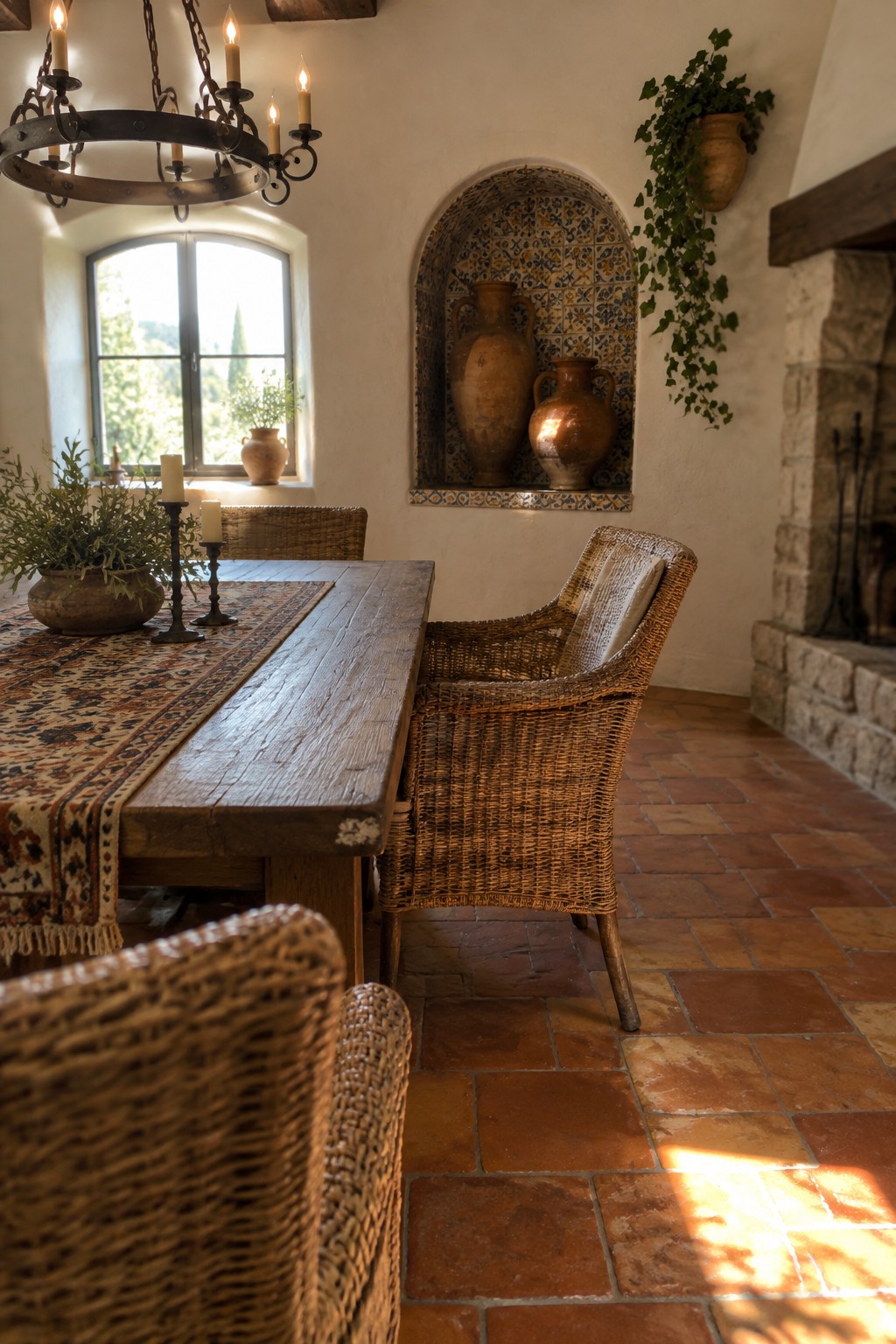 Wicker dining chairs surround a rustic wooden table with a patterned runner in a room with terracotta floor tiles and a tiled wall niche.