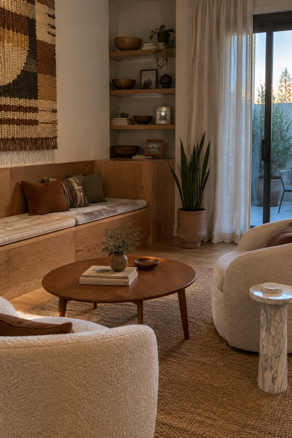 A wood built-in bench with cream cushions sits beside recessed shelves, a round coffee table, and two upholstered chairs.