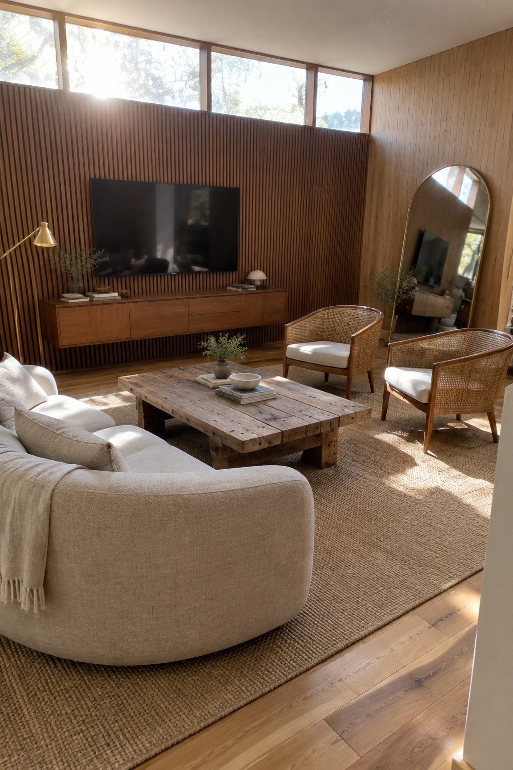A living room with a dark slatted wood wall, wall-mounted TV, wooden console, cream sofa, and cane chairs.