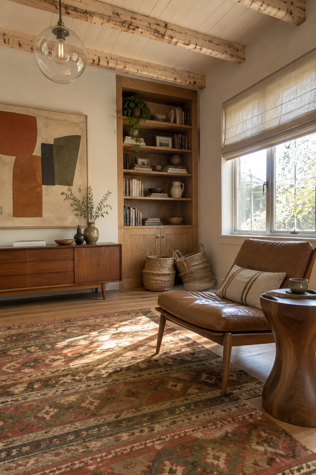 A wood built-in bookcase with books and pottery stands beside a leather chaise lounge and a low wooden cabinet.