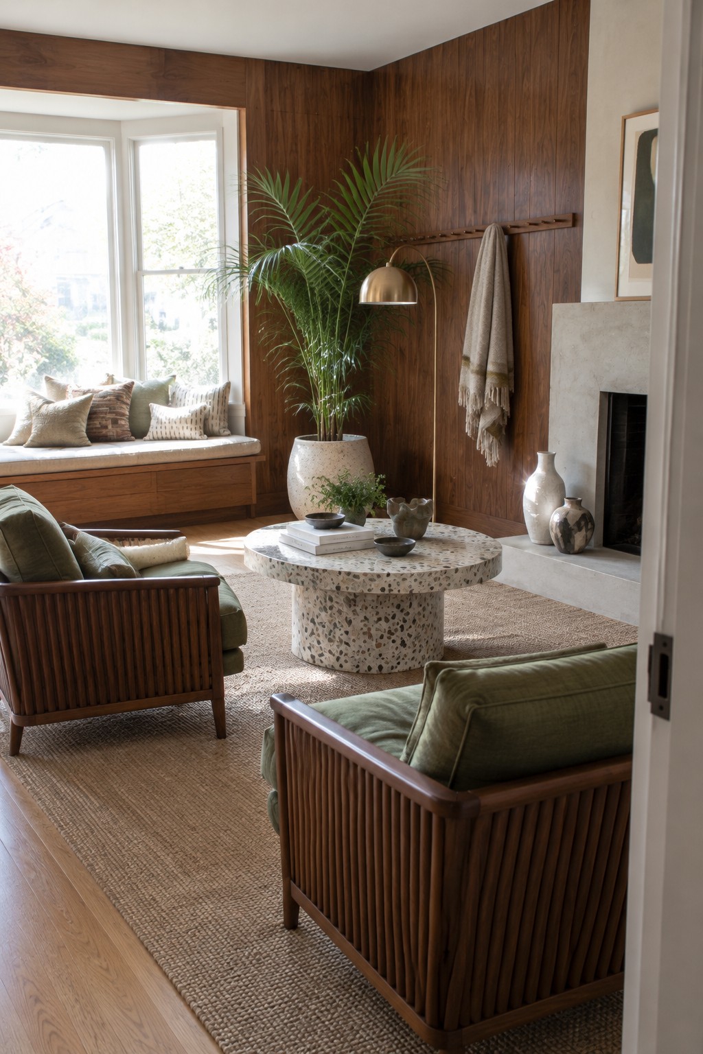 A living room with a walnut-paneled wall, wood-framed seating, a round terrazzo coffee table, and a fireplace.